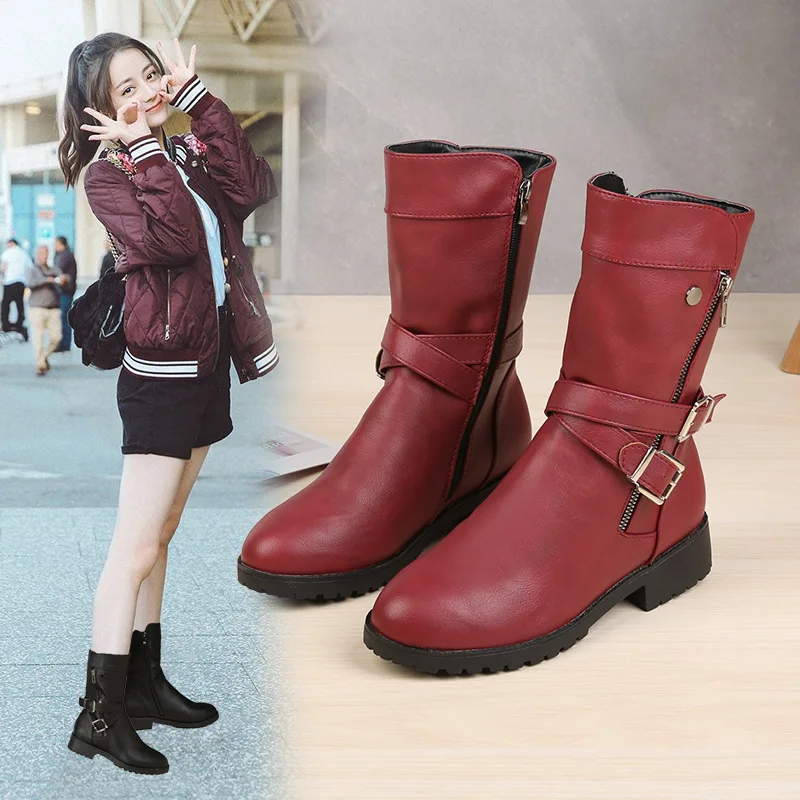 

New Women Boots Leather Knee High Boots Autumn Winter Flats Round Toe Booties Woman Botas Flat Black Red Wine boots Female Shoes