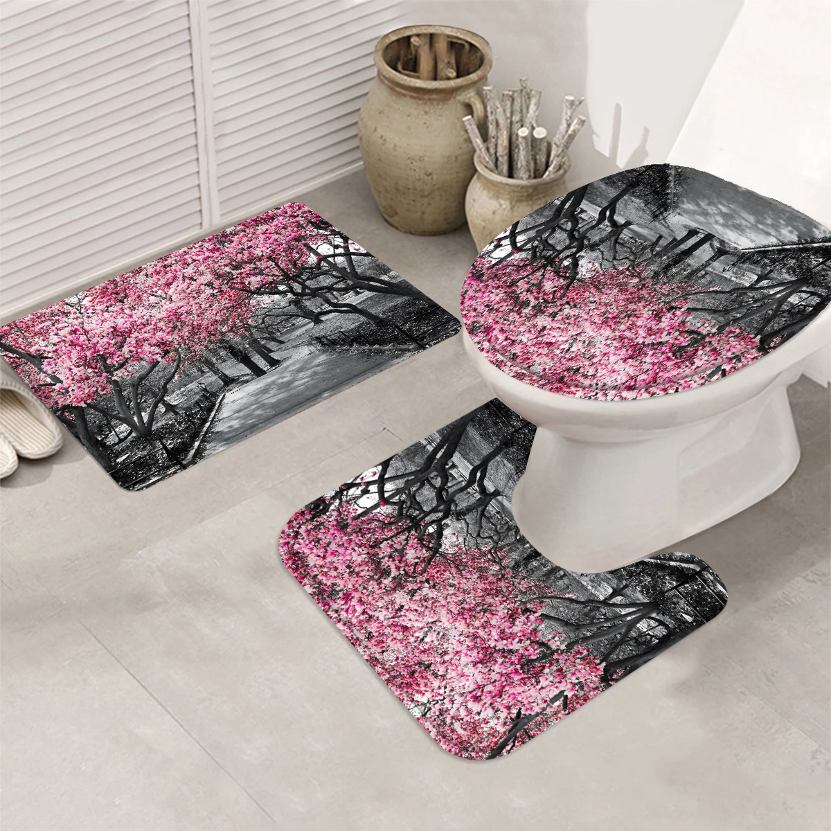 1/4 piece cherry blossom simple pattern waterproof shower curtain or waterproof anti-slip shower curtain set, free 12 hooks