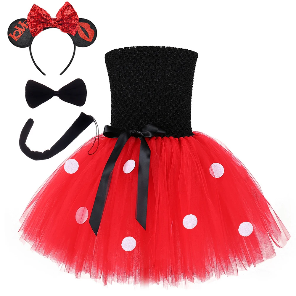 Red Lined Mouse Ballet Tutus Dress for Baby Girls Cartoon Animal Costumes for Kids Toddler Christmas Party Outfit with Ears Tail