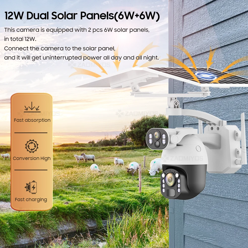 Câmera de Segurança Solar Externa, Dual Screen, PTZ, Detecção de Movimento, Rastreamento, CCTV, IP, 8MP, 4G SIM, Zoom 50X, WiFi, 4K