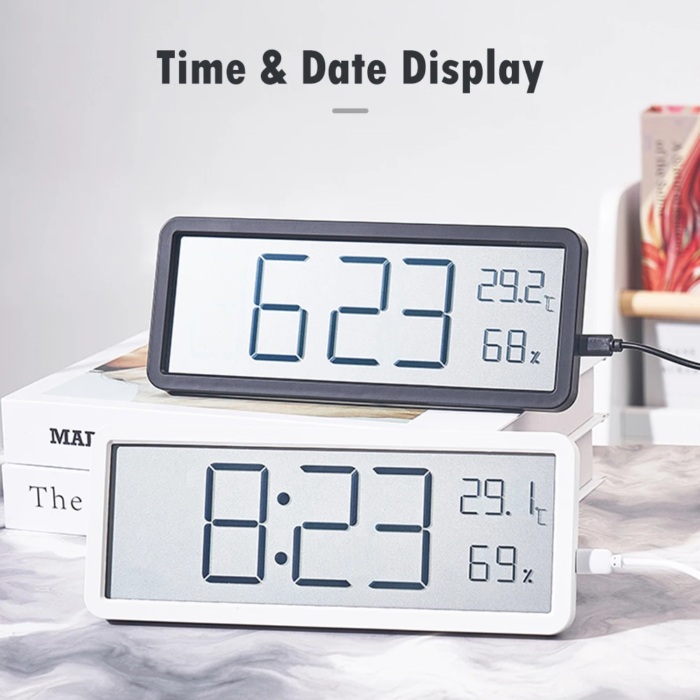 LCD Screen Digital Wall Clock Time Temperature Humidity Display Electronic Clock Hanging Desktop Digital Clock Battery Powered