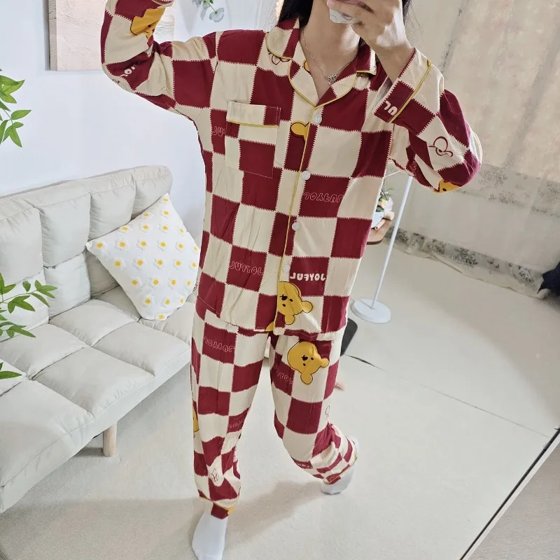 Winnie the Pooh Pijama Disney Manga Longa Primavera Pijama Conjunto de Duas Peças Xadrez Winnie the Pooh Pijama de desenho animado Bonito Loungewear