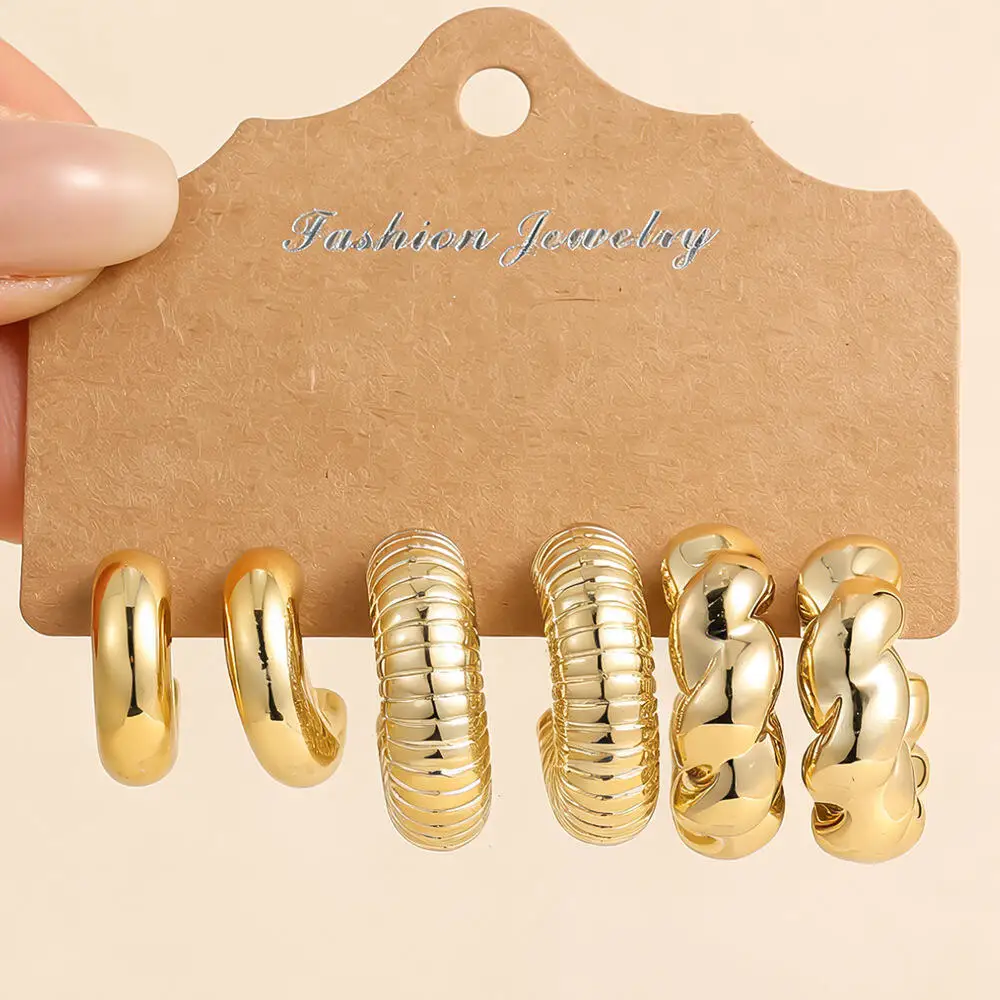 3 Pairs Gold Chunky Hoop Earrings Set Women Twisted Rope Croissant Geometric Hammered C-Shaped Hoops Elegant Minimalist Jewelry