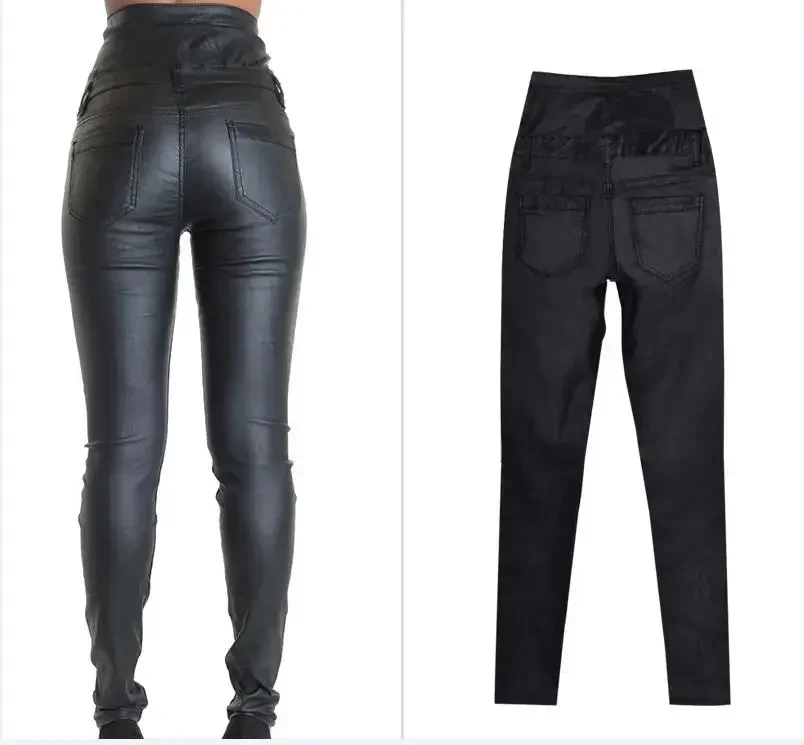 Women's Sexy Faux Leather Stretch Skinny Pants Lady Black coated side lace up High Waisted Slim Jeans Trousers