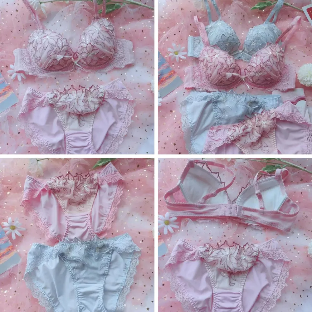 Japanese Sweet Girls Bra Set Thin Cup Sexy Women Lingerie Home Low Flower Side Collection