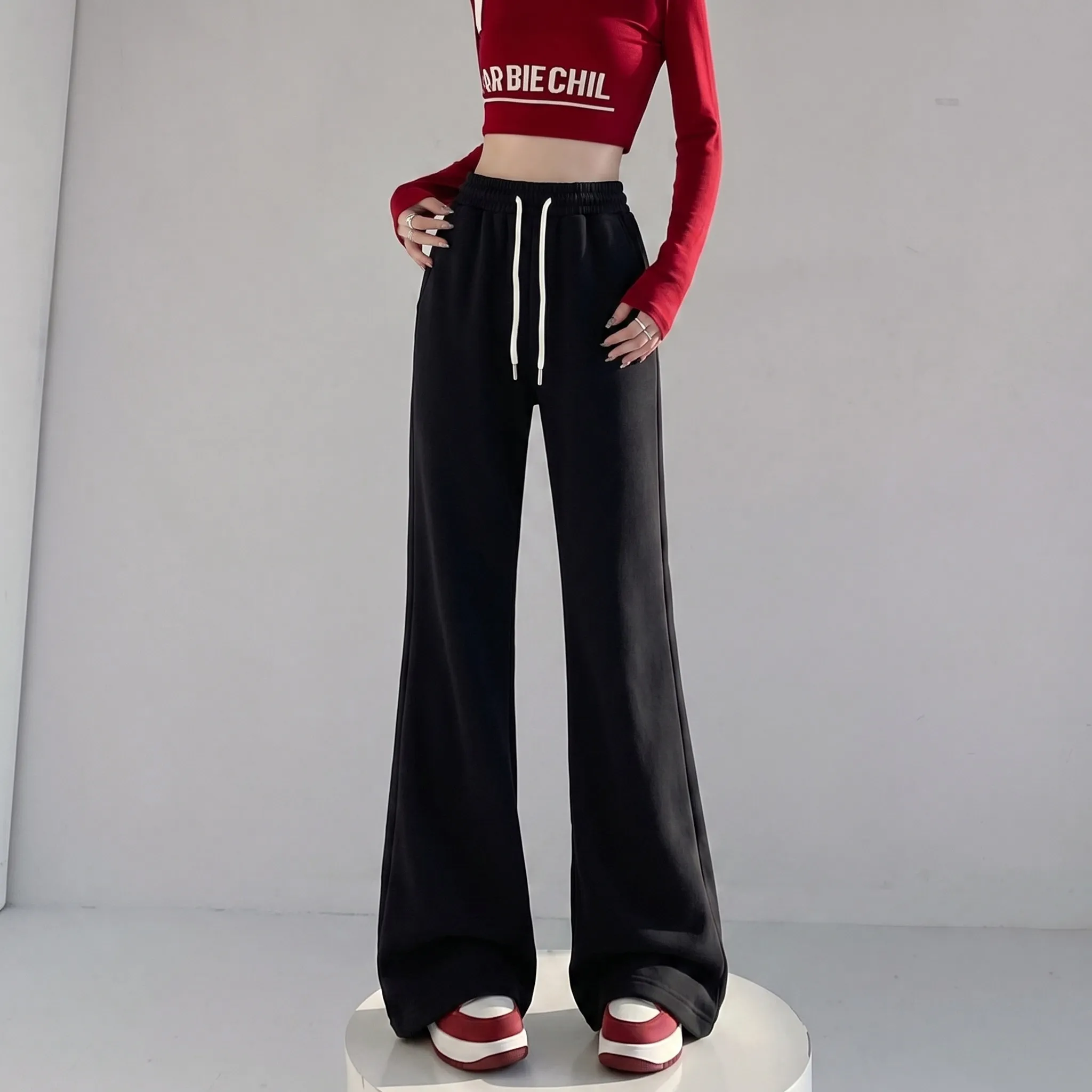 American Style Women's Sporty Loose Fit Pants Dark Blue Floor-Length High Waist Bell Bottoms Straight Leg Casual Trousers