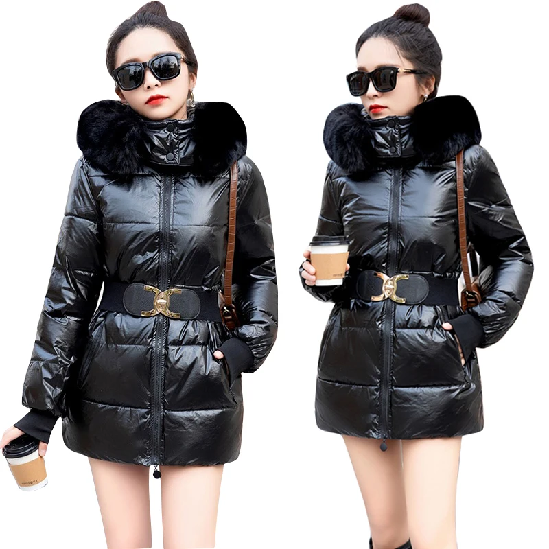 Fake Fur Womens Parkas Belt Black Outwear Autumn Winter Hooded Coat Female Winter Jacket Women\'s Winter Down Jackets And Coats