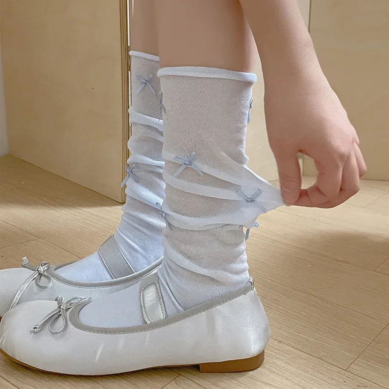 

Sweet Mid-Calf Bow Socks for Women Spring Summer Outdoor Wear Versatile Japanese Style Cute Girl's Cotton Socks