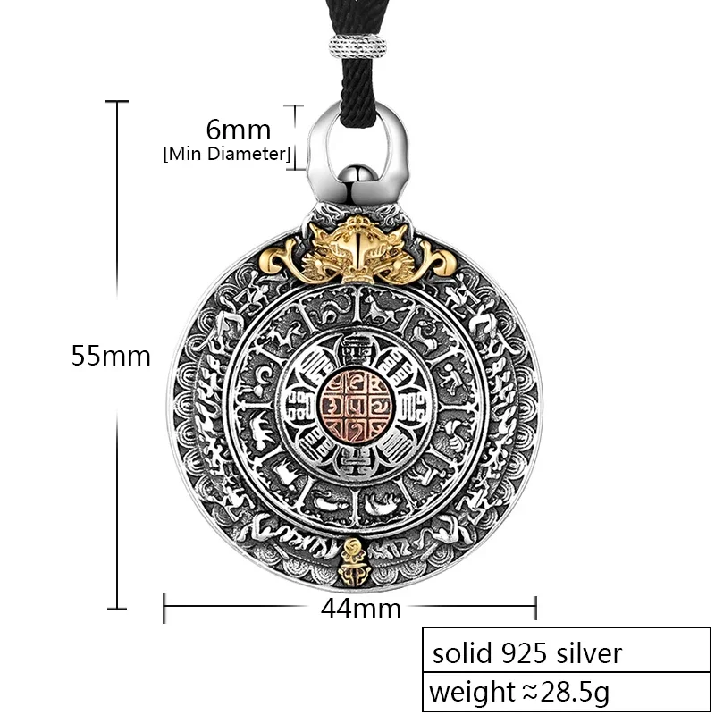 ZABRA Religion Authentic 925 Sterling Silver Round Necklace Pendant Men Chinese Zodiac Signs Vintage Pendants Jewelry For Male