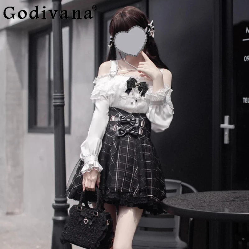 

Mine Mass-Produced Plaid Skirt Set for Women Japanese Girls Sweet Lolita Long-Sleeve Off-Shoulder Shirt and Skirt 2-Piece Set