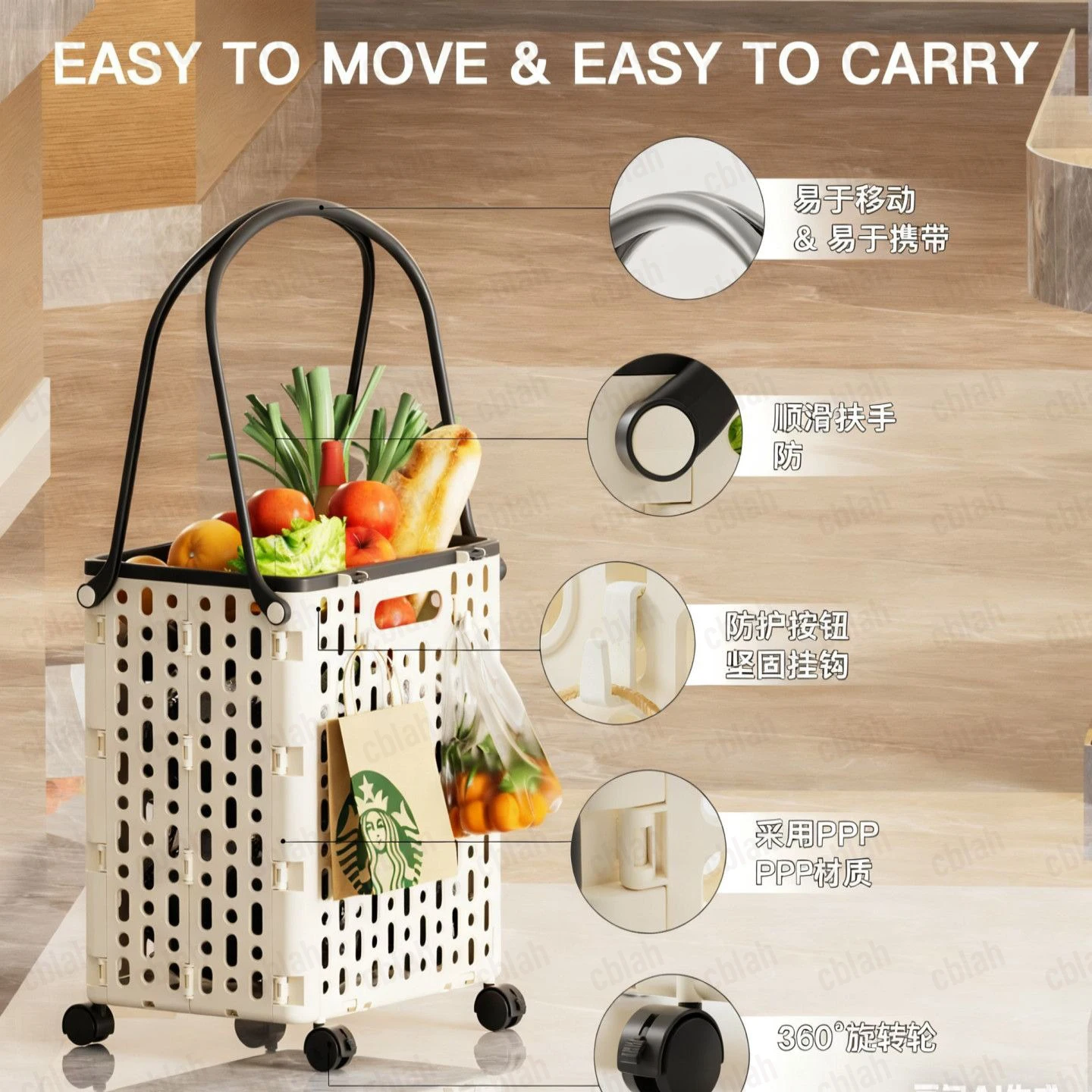 34L Foldable Shopping Cart with Brake, Lightweight Collapsible Grocery Hauler, New Portable Trolley