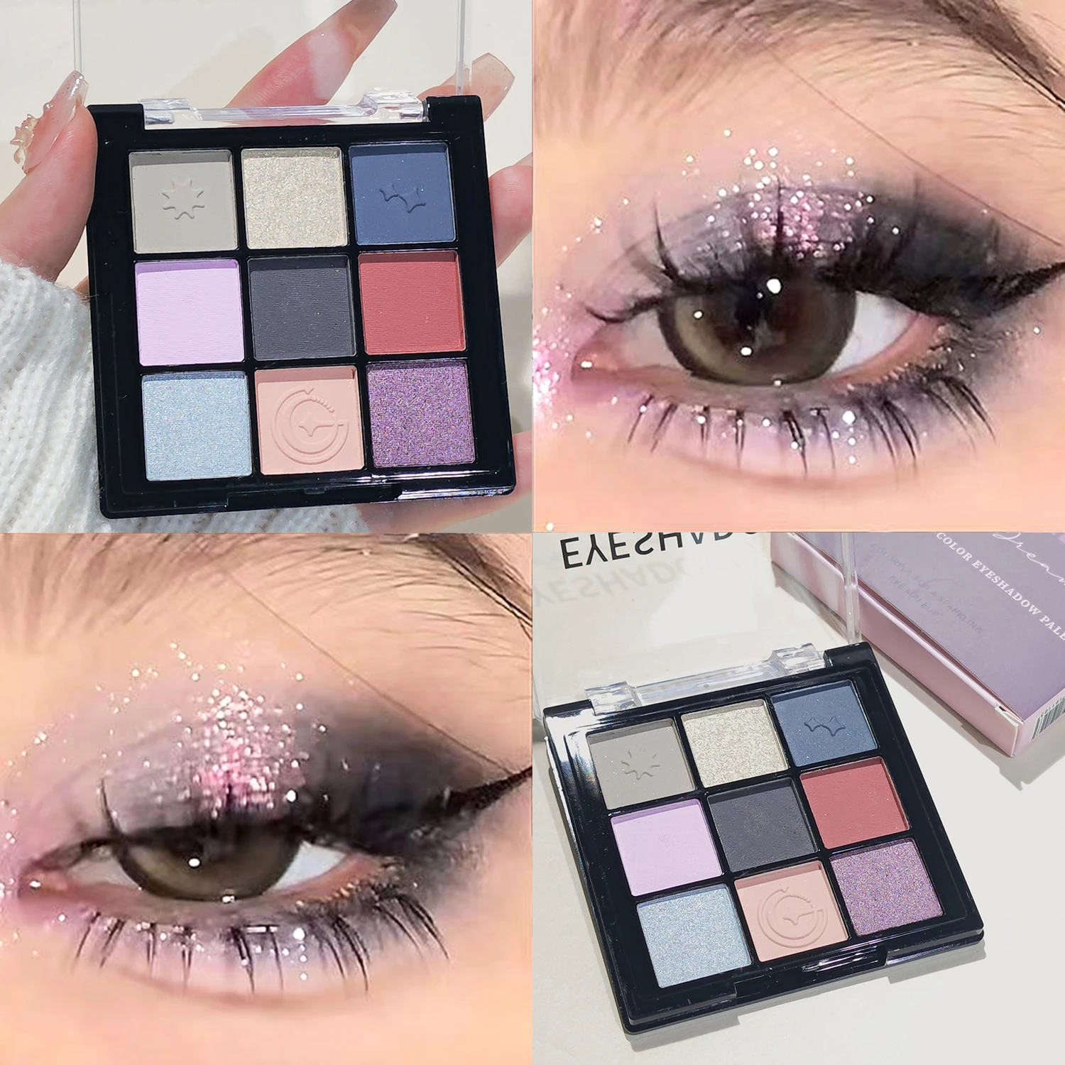 Plaque d'ombre à paupières neuf couleurs, nacré, mat, fée violette, diamant cassé froid, imperméable, maquillage durable