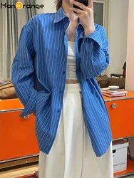 HanOrange 2024 Spring Autumn Refreshing Vertical Striped Lapel Shirt Women Loose Casual Durable Top Female White/Blue