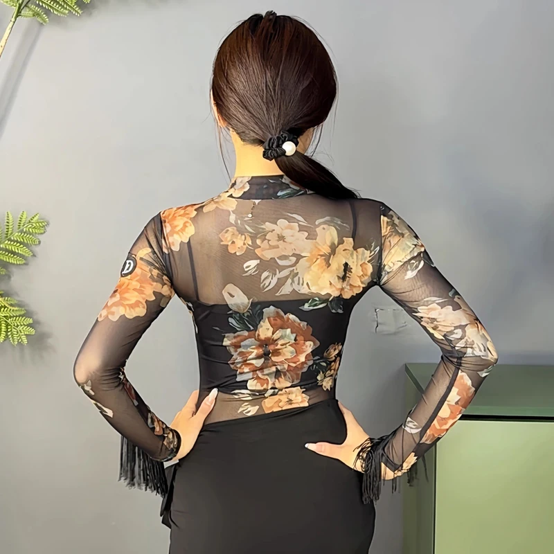 Nappa maniche lunghe maglia top da ballo latino abbigliamento da prestazione per donna rumba samba costume da ballo da sala pratica usura BL16775