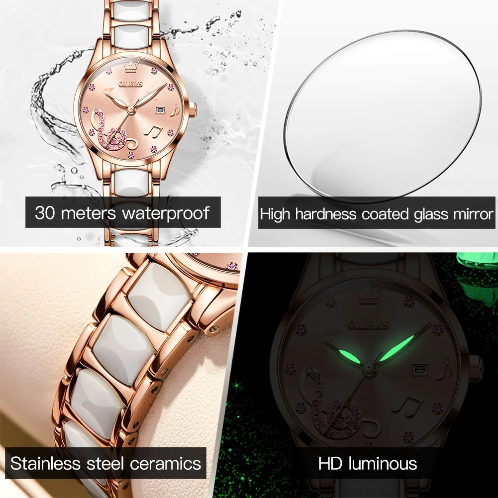 OLEVS 3605 Fashion Quartz Watch Gift Round-dial Ceramic Watchband Wristwatch Calendar Luminous