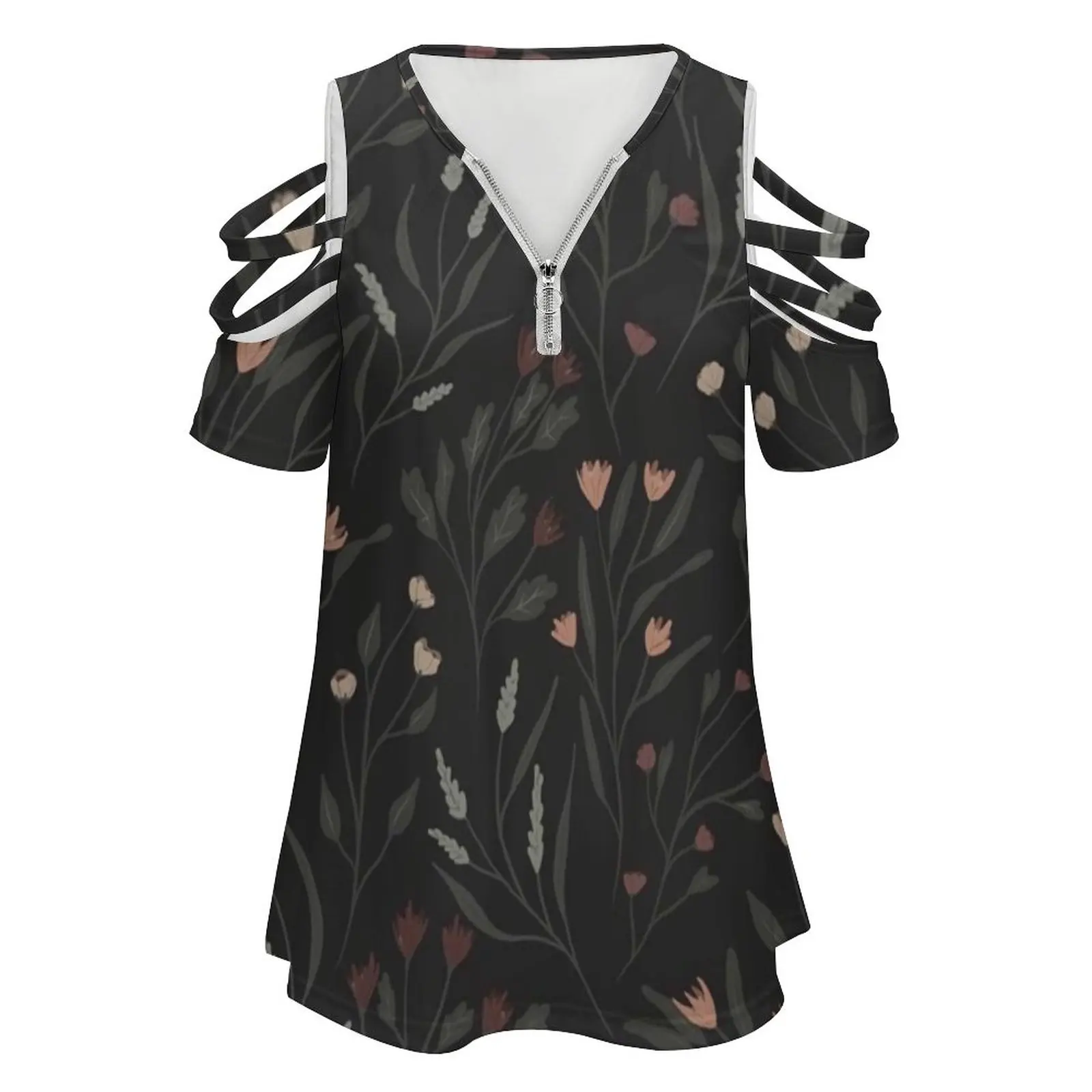 Flower Garden New Fashion Zip Off Shoulder Top Short-Sleeve Women Shirt Night Floral Botanical Girly Cute Dark Black Grey