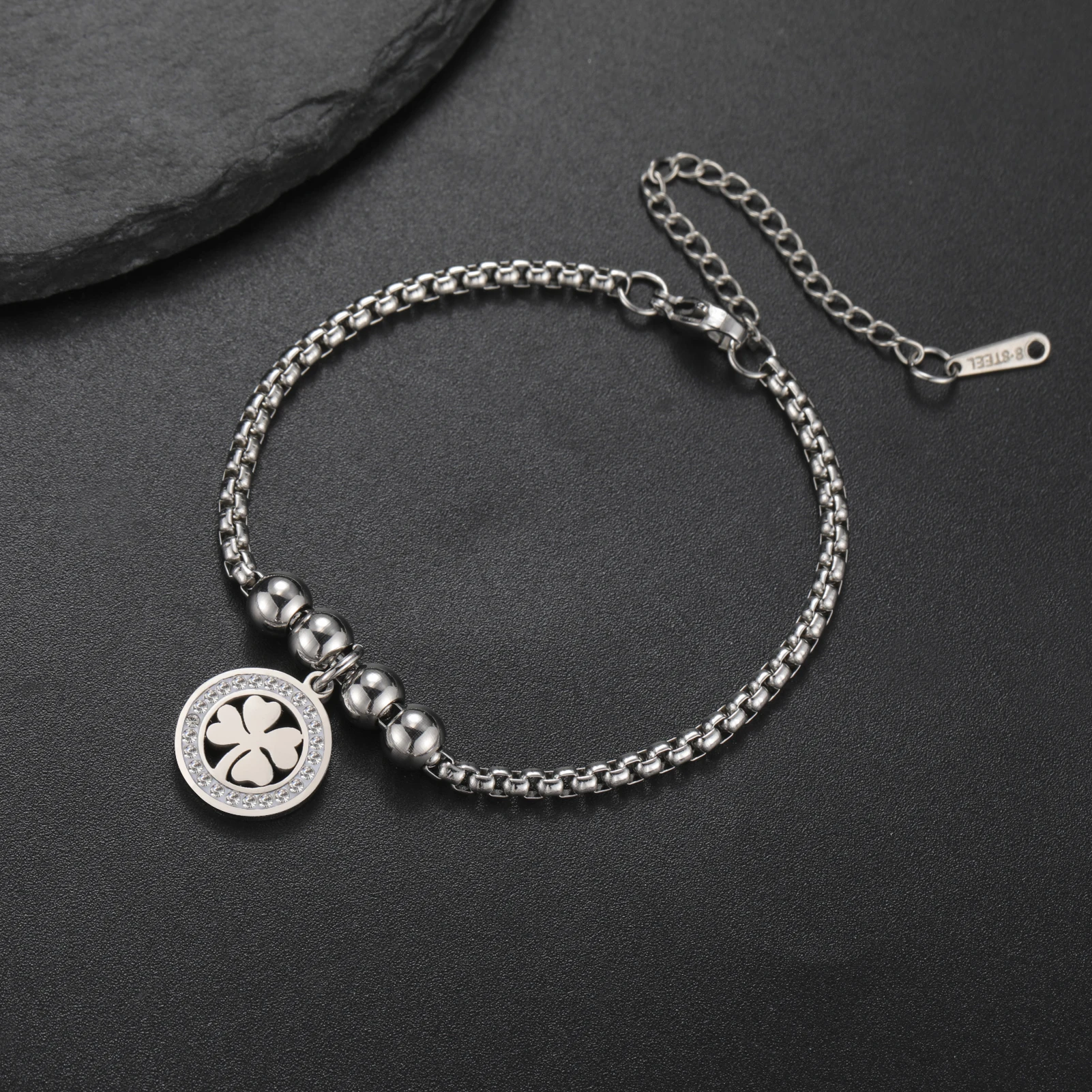 COOLTIME Edelstahl Runde Klee Armbänder Frauen Mode Klassische Zirkon Kristall Armband für Frauen Schmuck Geburtstag Geschenke – Detail 16