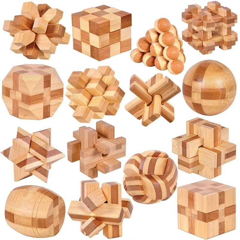 Bamboo Kong Ming Lock Lu Ban Lock Montessori Educational Toy for Kids 3D Puzzles Game Iq Brain Teaser Children Unlock Toys Adult