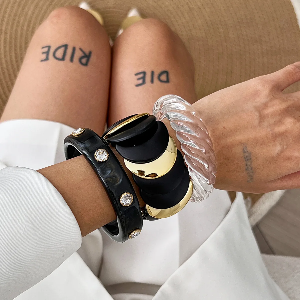 3 نمط مبالغ فيه عدم انتظام سميكة الاكريليك أساور الشرير ريترو بوهو الربط مطاطا حبل الراتنج أساور مجوهرات للنساء