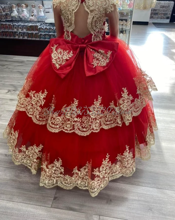 Vestidos Rojos de lujo para niña de las flores, apliques delicados con cuentas de tul con lazo, tutú de princesa, vestidos de fiesta plisados en capas