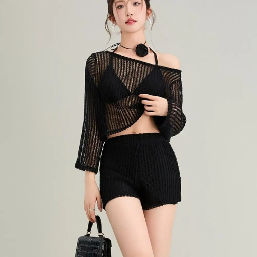 

Loose Long Sleeve Swimsuit Pullover Hollow Out Crochet Knit Bathing Suit Beachwear Beachwear Clothings Three Pieces Set Swimwear
