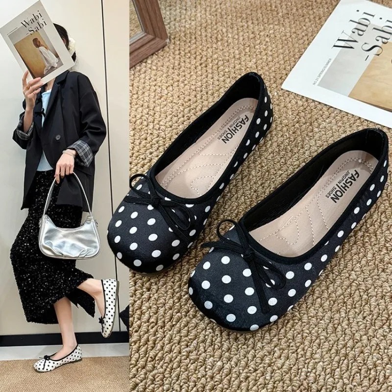 Frühlings-Ballerinas mit Schleife für Damen, gepunktet, bequem, flache, eckige Zehenpartie, Slip-on-Schuhe, elegante Mary-Jane-Schuhe für Damen