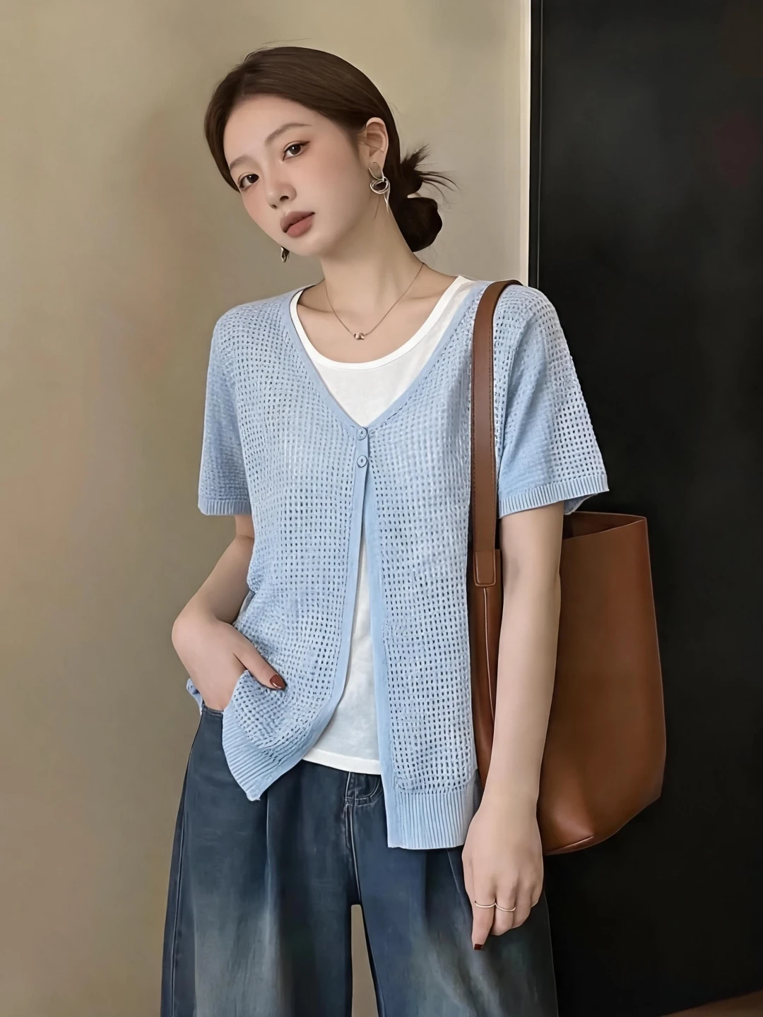 

Ice Silk Hollow out Short Sleeve T-Shirt Women's Base Shirt Summer plus Size Slimming Design Korean Style Knitted Top