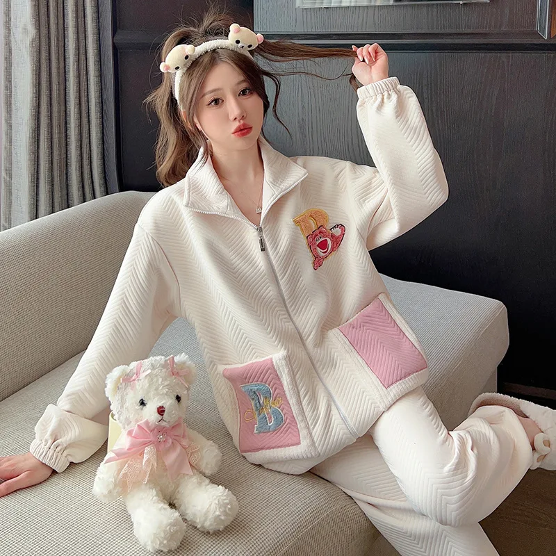 Pajamas For Women In Autumn And Winter, New Air Cotton Sandwich Zipper Long Sleeved Pants, Sweet Cartoon Plus Size Home Suit Set