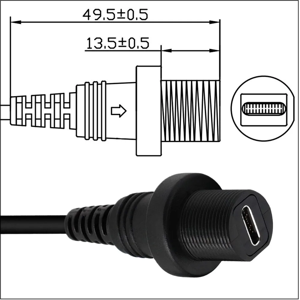 Mini USB 90° Angle Male to USB 3.1 Type C Female  AUX Flush Panel Mount Waterproof Cable for Car Truck Boat Motorcycle Dashboard