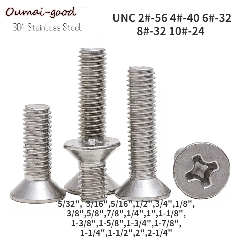 10/50pcs UNC 2#-56 4#-40 6#-32 8#-32 10#-24 304 Stainless Steel Cross Phillips Flat Countersunk Head Screw Bolts 5/32