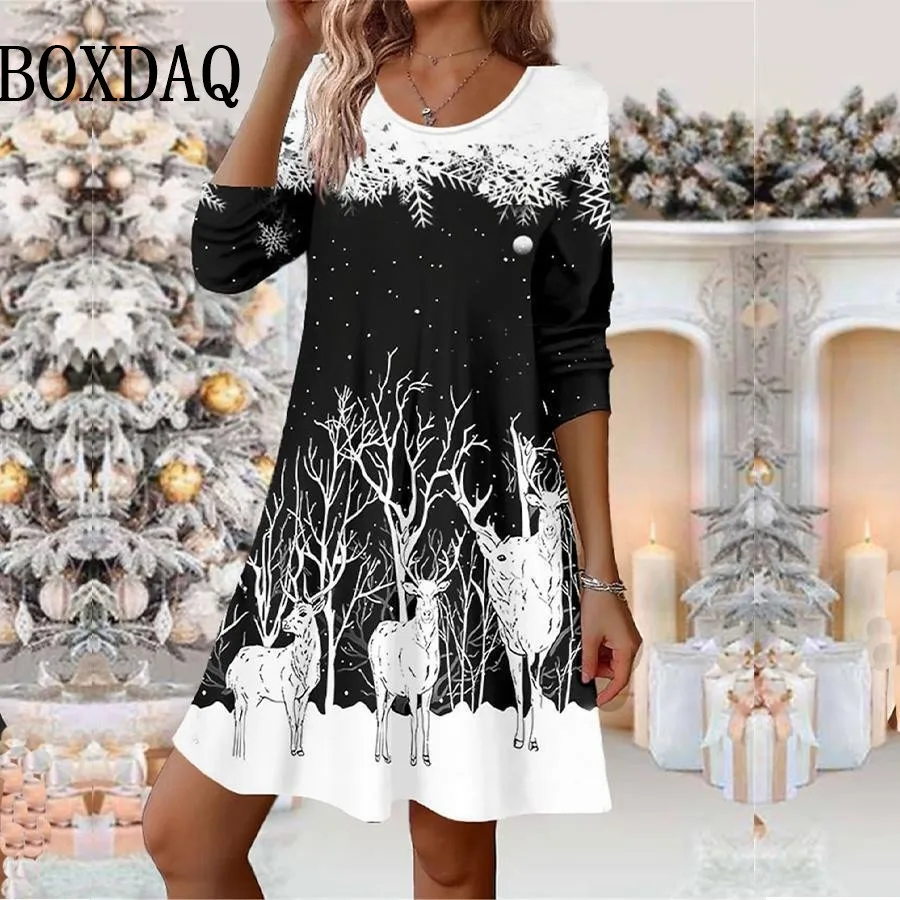 Gaun Wanita Pesta Natal Tahun Baru, Gaun Longgar Wanita Elegan Bergaya Jalanan Lengan Panjang Motif Natal untuk Musim Gugur dan Musim Dingin