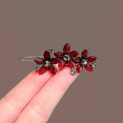 High-end New Year Red Hairpin for Women Rhinestones Glazed Flowers One-word Clip Metal Side Bangs Hair Clips