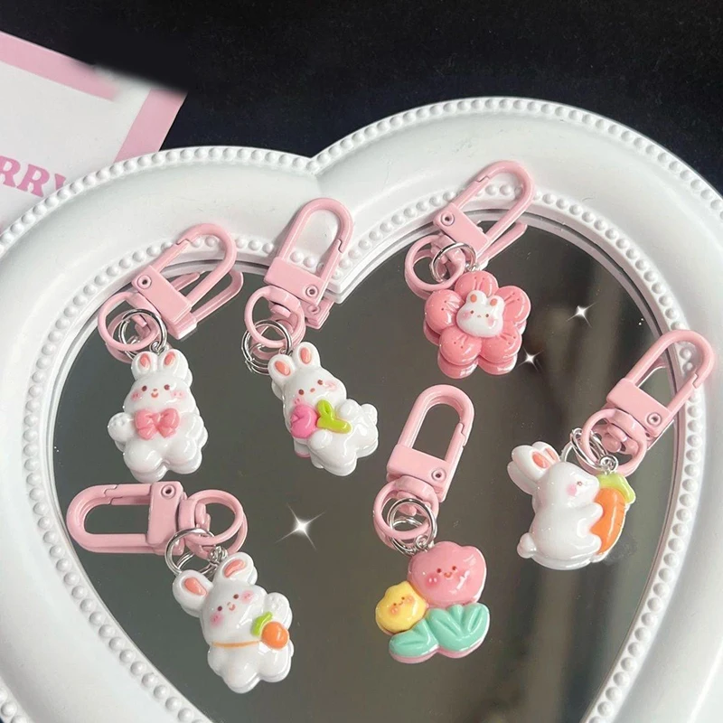 Kawaii Rabbit Cute Keychain Resin Bunny Carrots Charm Pendant Tulip Keyring For Women Girls Kids Couple Car Bag Lovely Gift