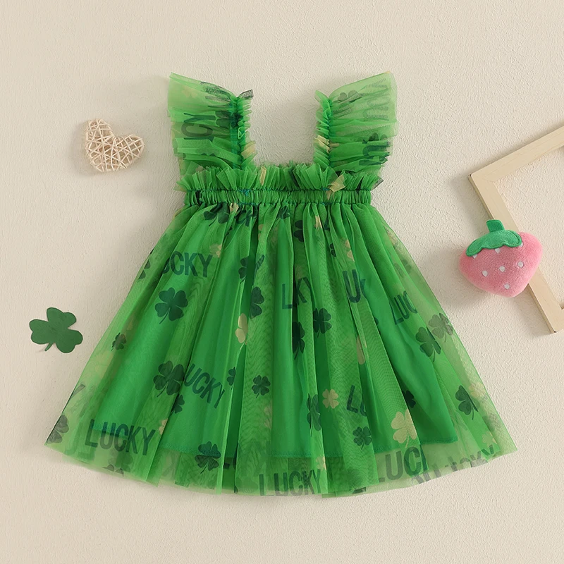 Kids Girl’s Slip Dress Sleeveless Clover Strawberry Print Summer Mesh A-line Dress Tulle Princess Dress