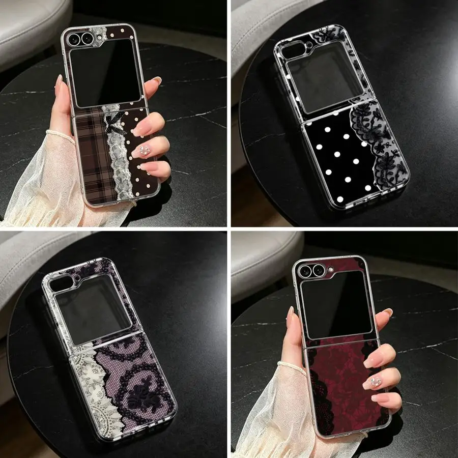 Phone Cover Case for Samsung Galaxy Z Flip 8 ZFlip8 Z Flip6 Z Flip 7 6 5 4 Z Flip5 ZFlip7 FE Z Flip4 Plaid Lace Polka Dot