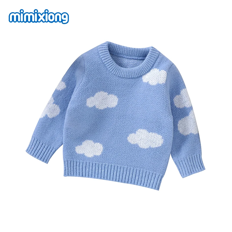 Blue Baby Knitted Sweaters Autumn Winter Crew Neck Long Sleeves Infant Boys Girls Outwear Pullovers Jumpers White Cloud Knitwear