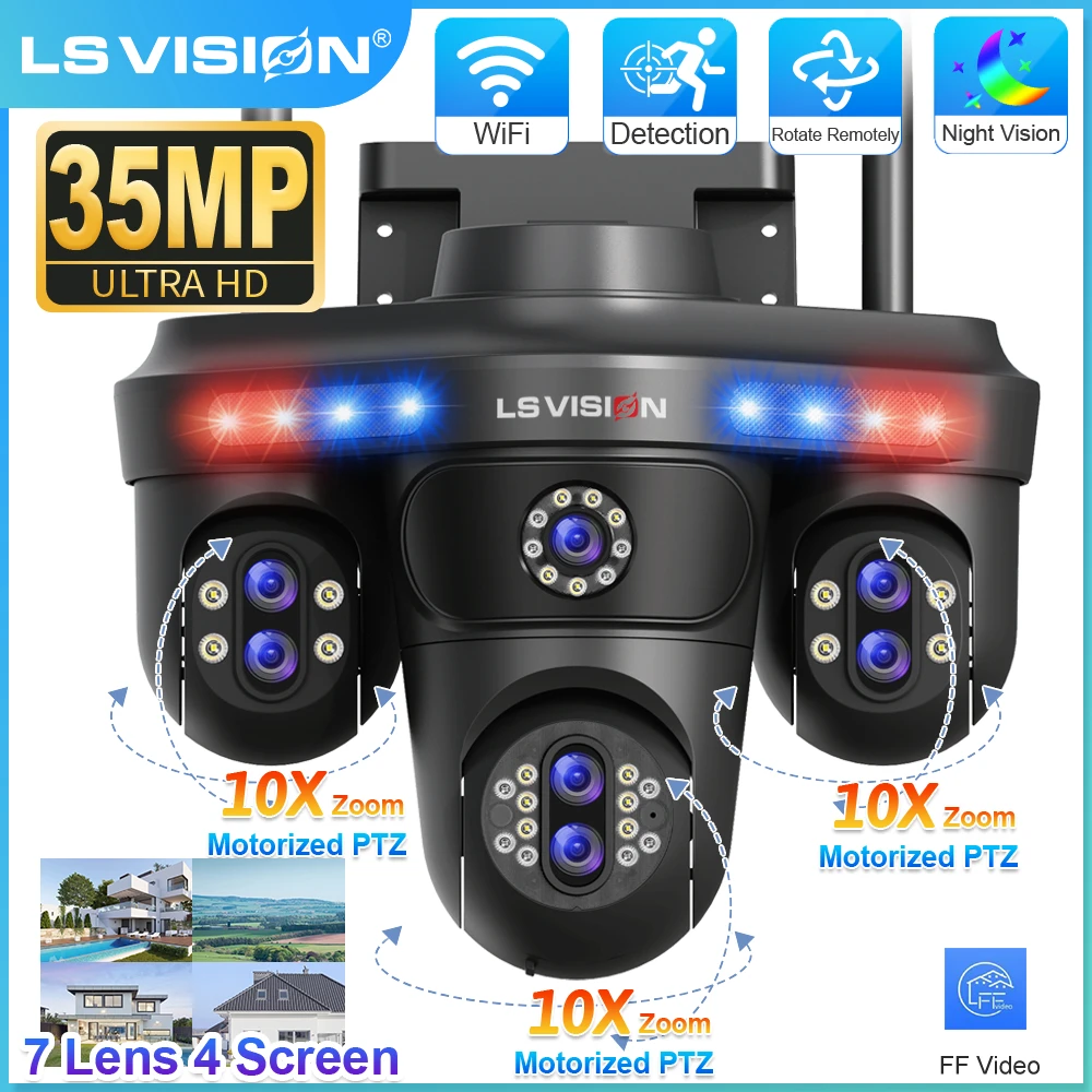 

LS VISION 7Lens 4 Screens 10XZoom WiFi IP Camera 35MP Outdoor WIFI Security PTZ Camera Auto Tracking Video Surveillance CCTV Cam