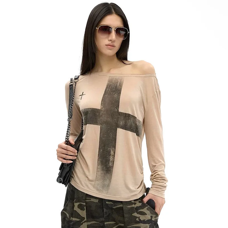 GG Sexy Spice Girl Ins Women T-shirt Europe America Cross Printed Pullover Tee Spring Diagonal Collar Slim Long Sleeved Tops