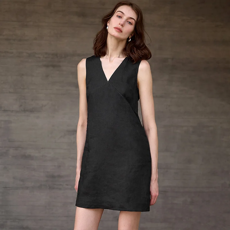 

Summer Dresses Women 100% Linen Sexy V-neck Sleeveless Mini Dress Boho Beach Holiday Party Streetwear Fashion Sundress Vestidos