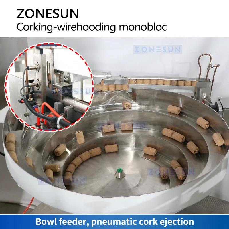 ZONESUN Automatic Wine Corking Wire Hooding Monobloc Champagne Glass Bottle Sealing Cork Feeding Packaging Equipment ZS-YG17