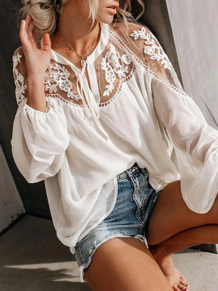 Spitze Mesh Shirt Frauen Stickerei Patchwork lässig Langarm Tops Sommer sexy Chiffon Bluse lose Tops Shirts weibliche Blusas