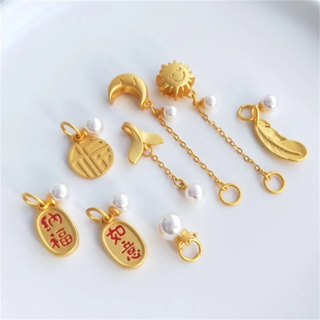 Sand Gold Pendant, Lucky Sign, Fish Tail, Crown, Leaf Hanging, Pearl, Moon, Sun Hanging Chain, DIY Jewelry Pendant B780