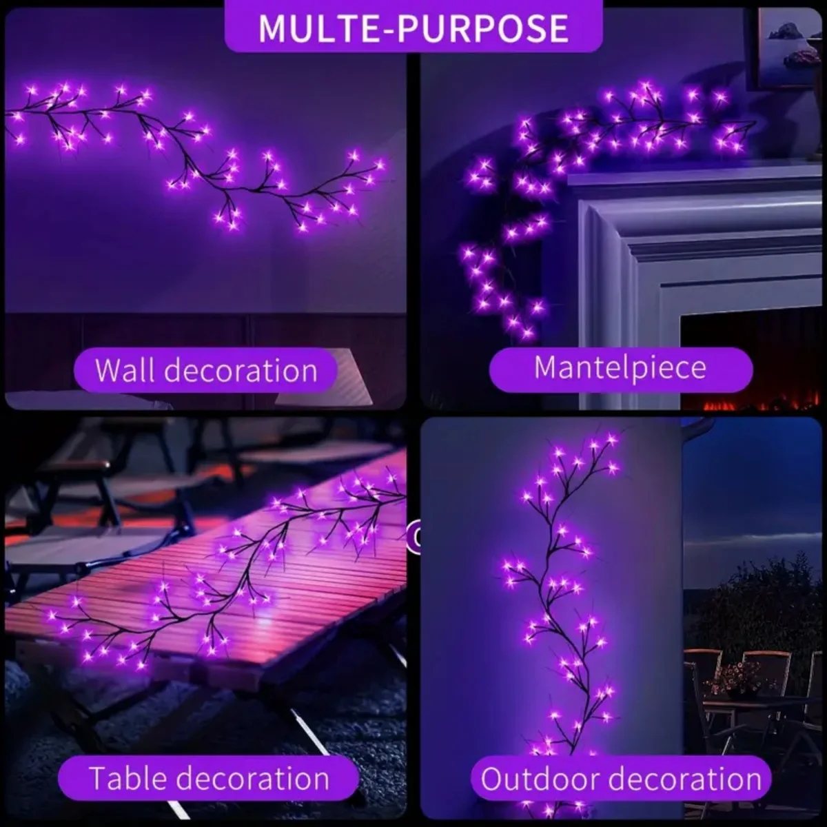 1 قطعة 54 LED أضواء الهالوين DIY الأرجواني الروطان بطارية تعمل بالطاقة مع 8 أوضاع الإضاءة لغرفة المعيشة المنزلية ديكور الهالوين