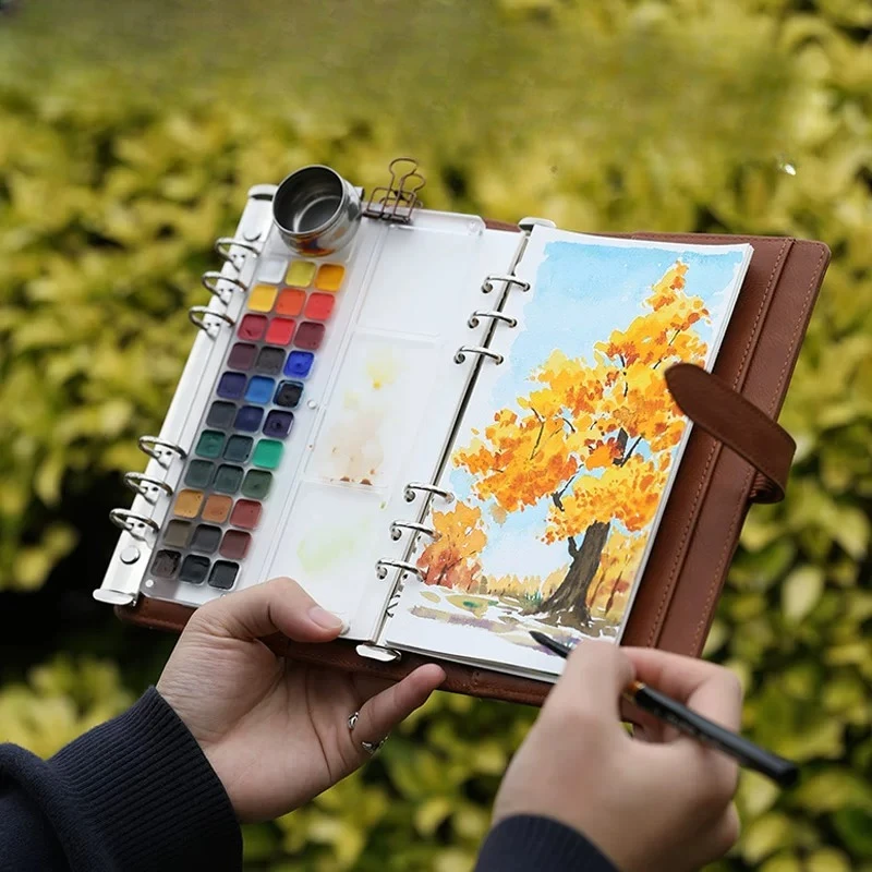 A5 Slim Loose-leaf Watercolor Journal Portable Travel Sketch Book Solid Watercolor Paint Box Art Gift Set