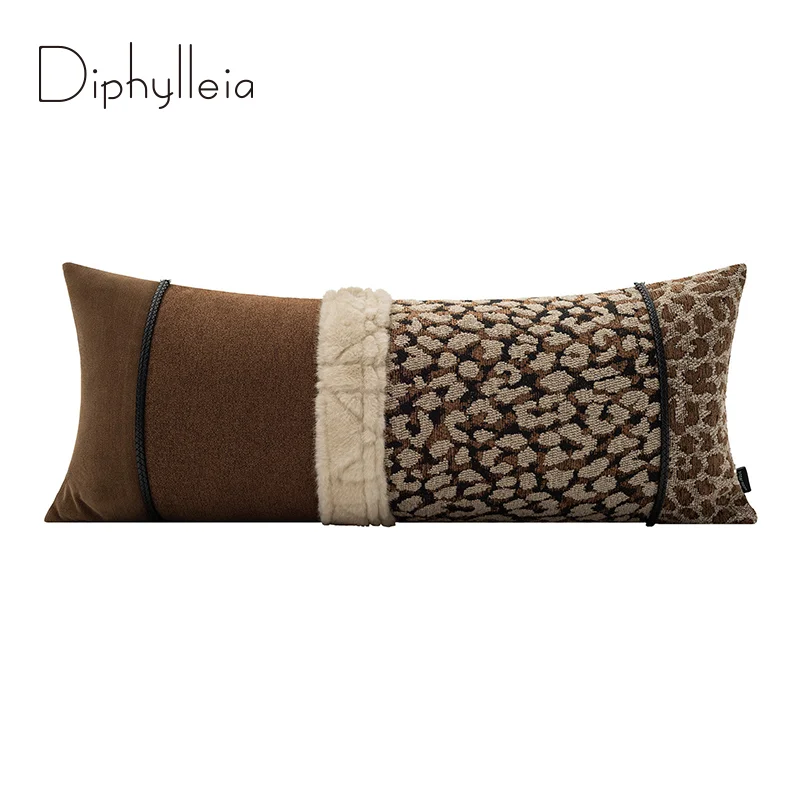 Diphylleia Luxury Leopard Jacquard Braid Lumbar Throw Pillow With Fur Trim Modern Contemporary Long Cushion Case For Sofa Couch