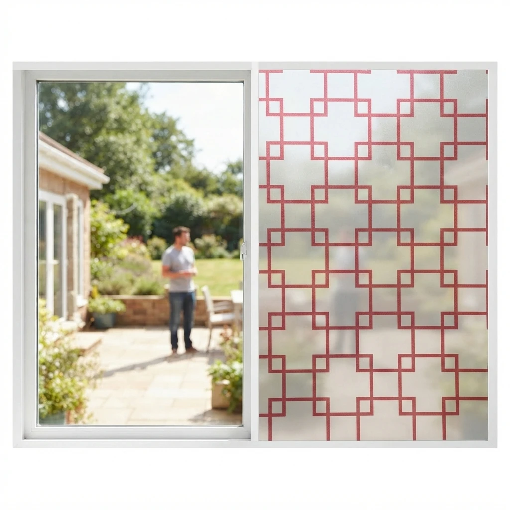 Reddish-Brown PVC Window Film Self-Adhesive Frosted Privacy Protection with Chinese Lattice Maze Grid Design Removable No Residu