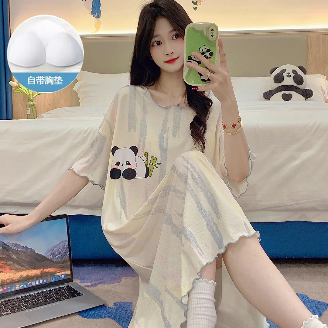 

Nightdress with Chest Pad Women's New Summer Thin Loose Cute Cartoon Long Skirt Princess Pajamas Short Sleeve Loungewear