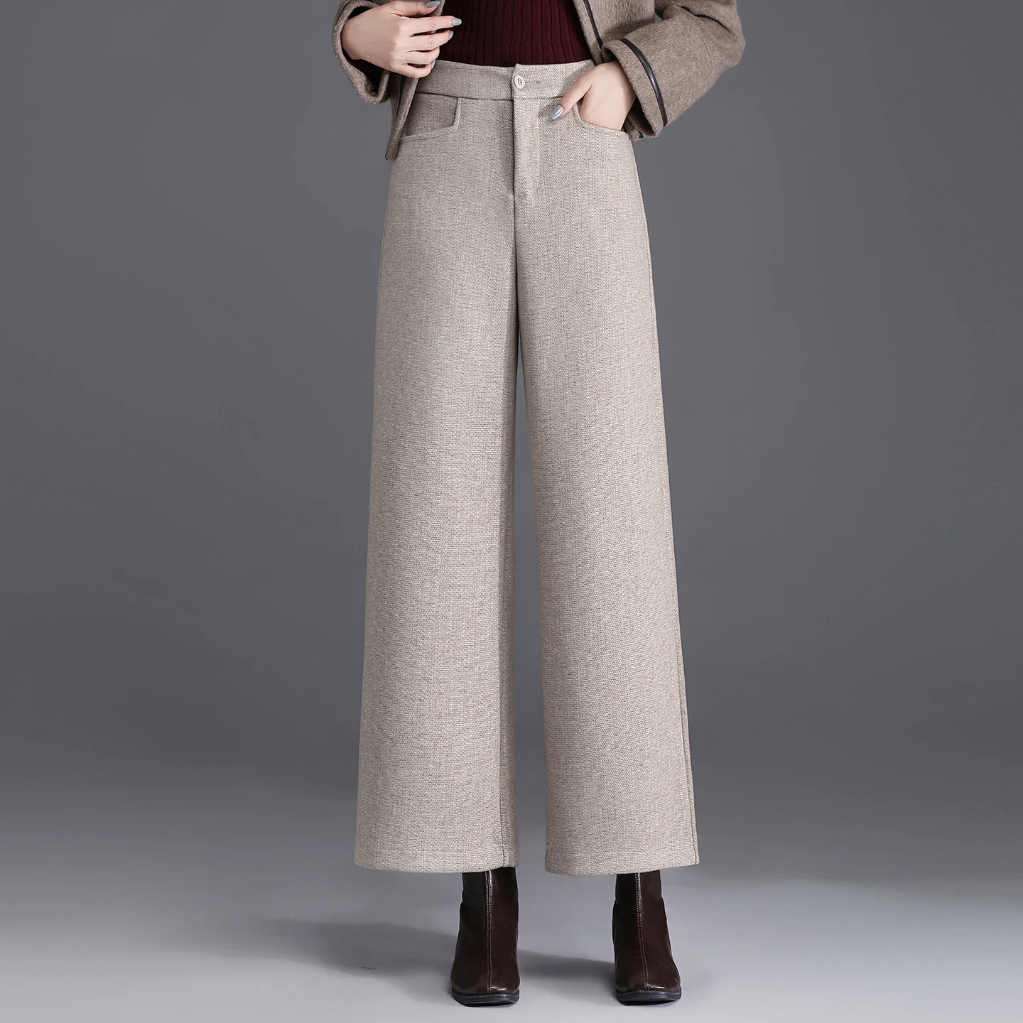 

Широкие шерстяные брюки Thiened для женщин, с высокой талией, облегающие, скрывающие бедра, прямые, повседневные, осенне-зимние, новинка