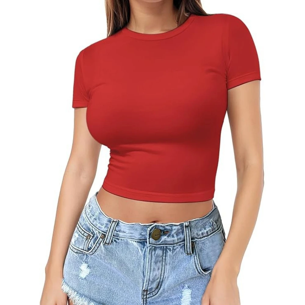 

Summer pullover top women's thin round neck fashionable milk silk short sleeved women's T-shirt with exposed navel LD800259