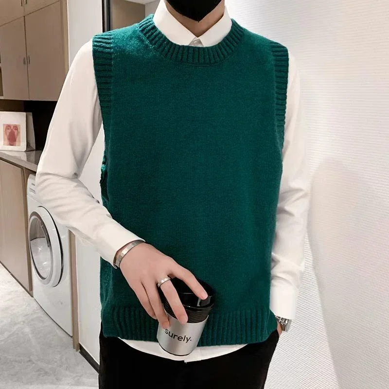 

Men's Clothing Round Collar Plain Knit Sweater Male Sleeveless Green Solid Color Crewneck Waistcoat Vest Y2k Streetwear Baggy X